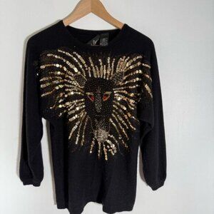 Vintage Oleg Cassini Black Lion Sequin Sweater Angora Lambswool Artsy L
